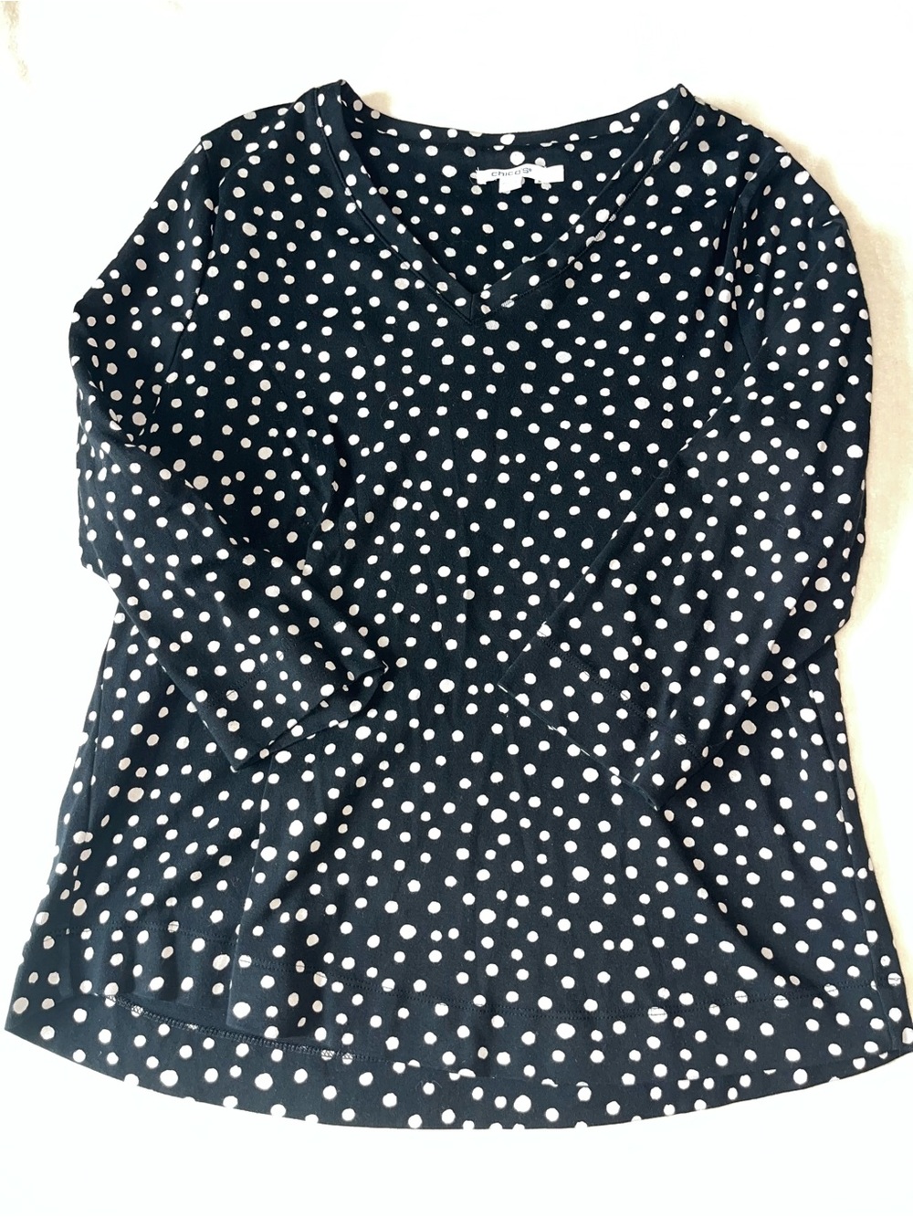 Chicos Womens Black and White Polka Dot 100% Pima Cotton Tee Sz 2 or Large